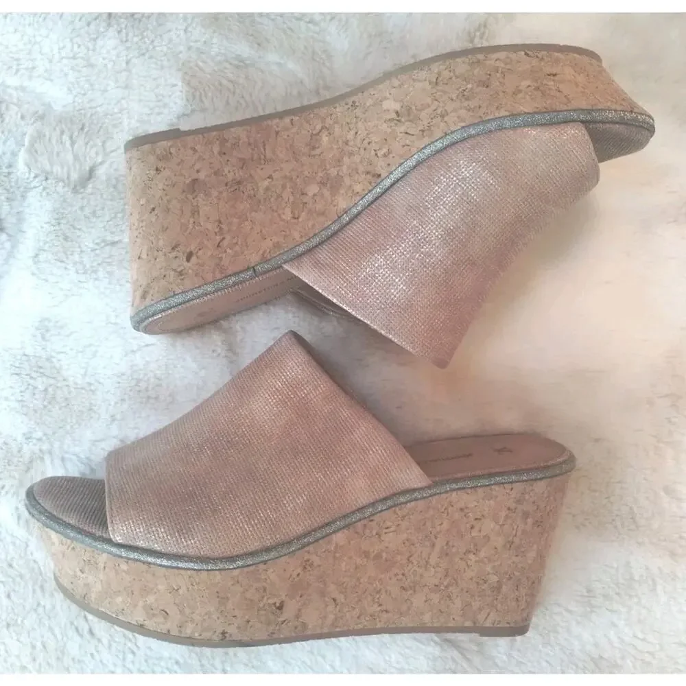 Johnston And Murphy NEW Jade Metallic Suede Cork Wedge Heel Slip On Sandal 7M